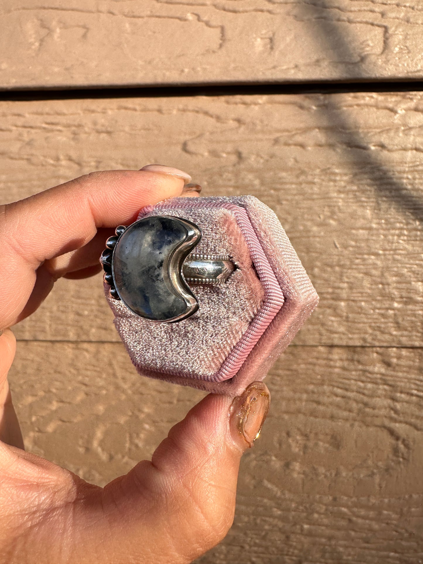 Rainbow Moonstone Moon Shape Ring (Size 9)