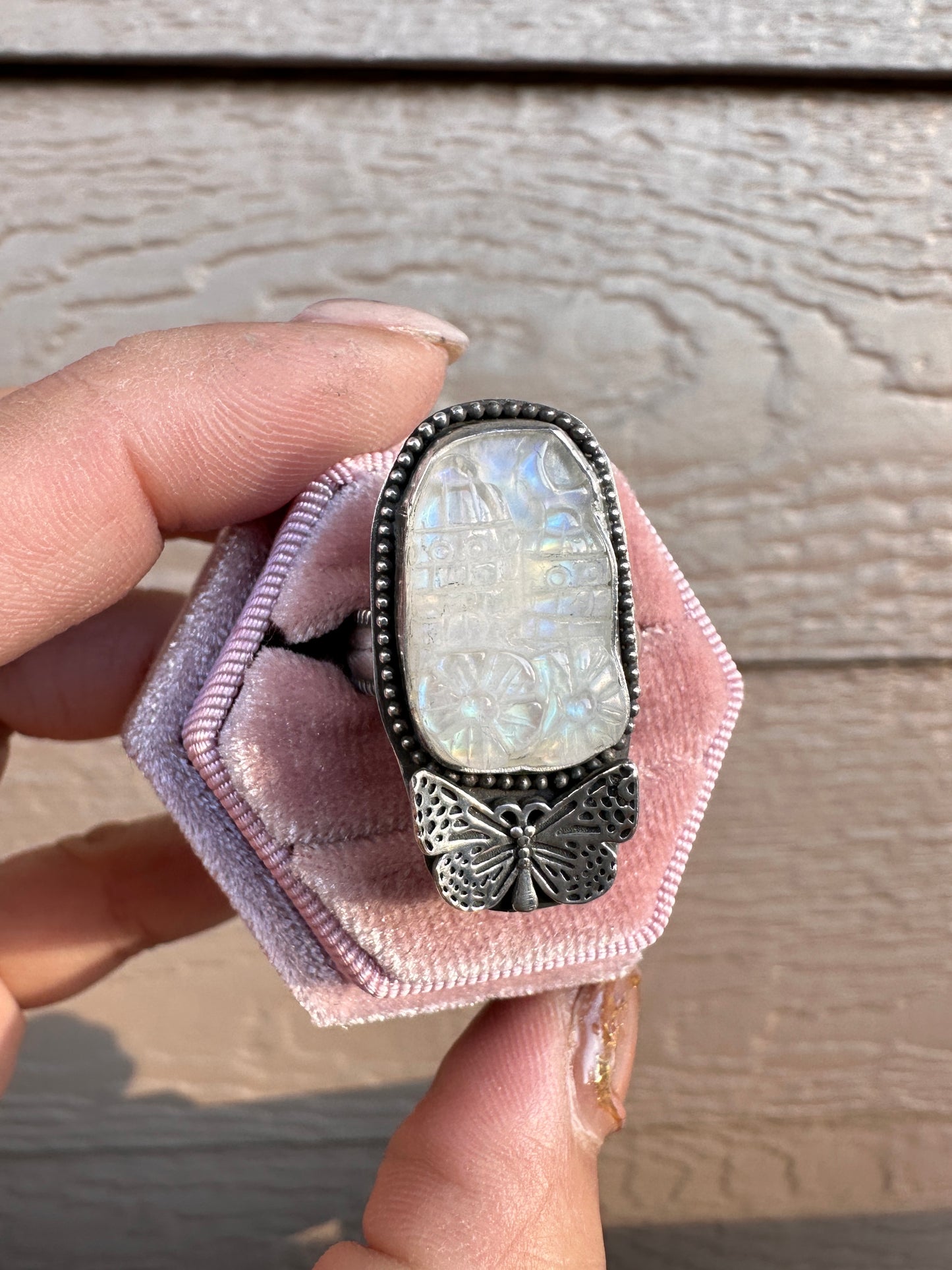 Rainbow Moonstone castle Ring (Size 7)