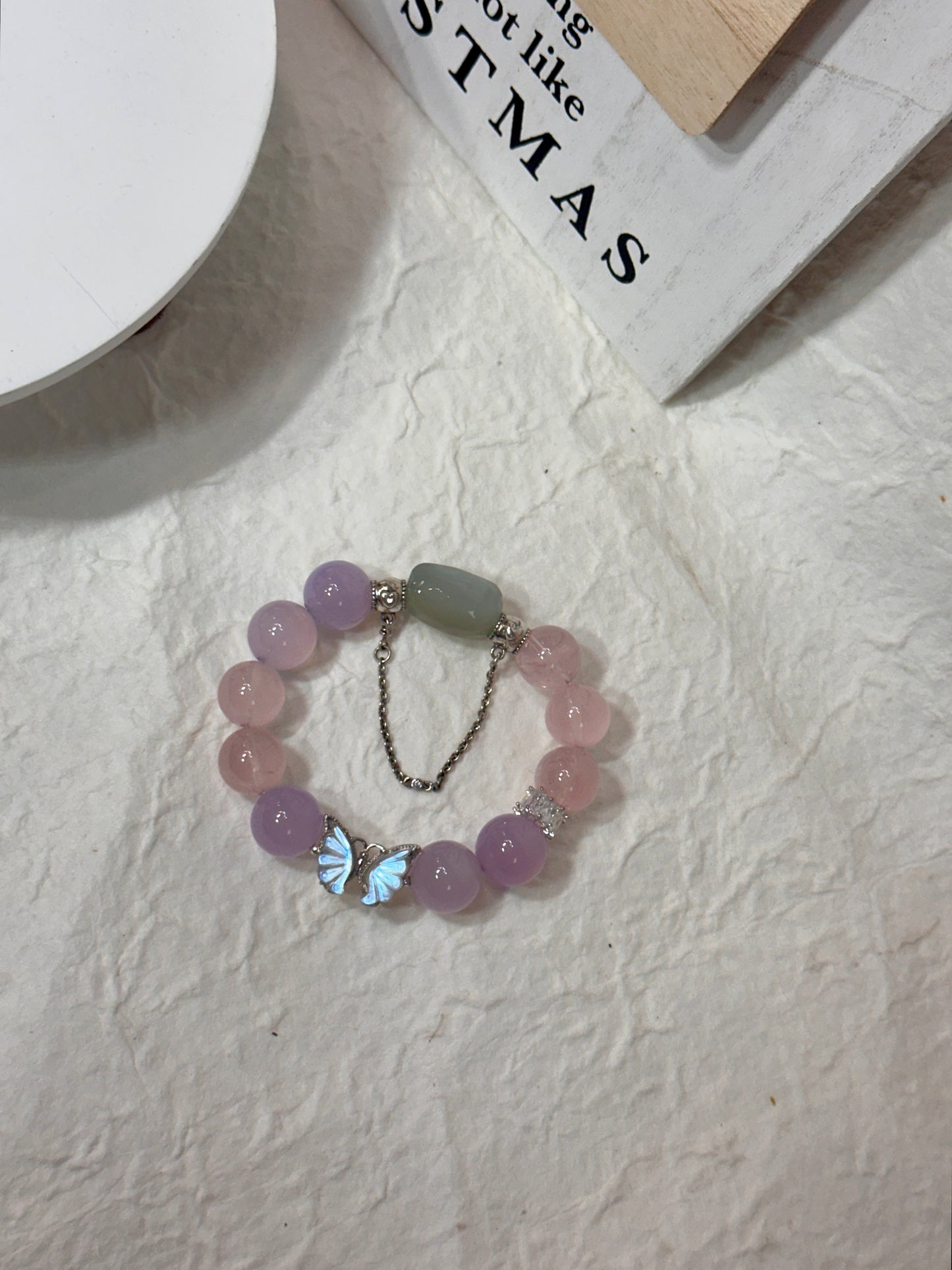 Custom blue flashy moonstone butterfly x rose quartz x purple chalcedony