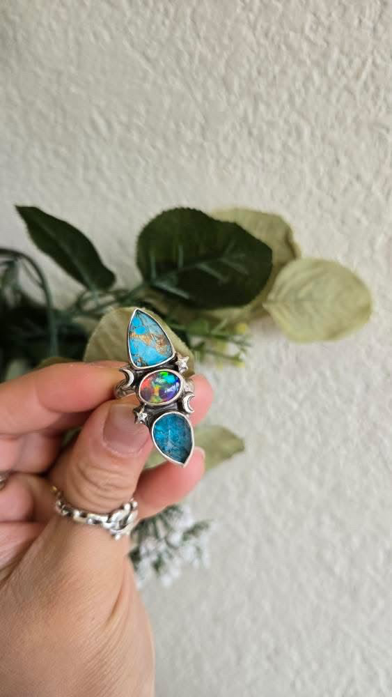 Custom opal and turquoise ring with adjustable ring band