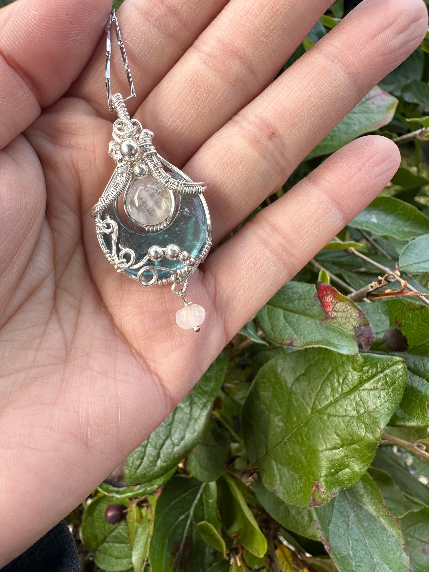 Aquamarine Crescent Moon x rainbow moonstone