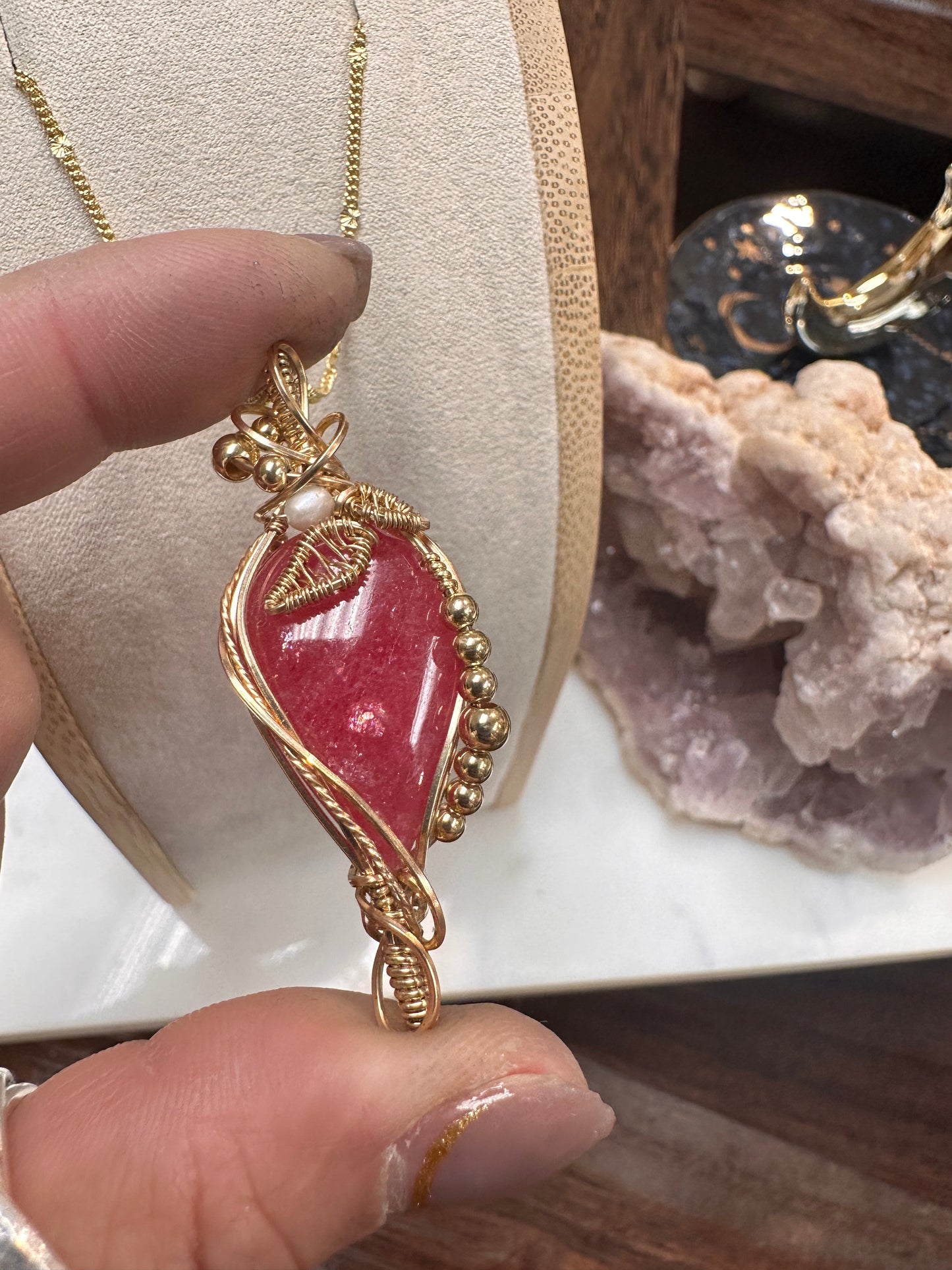 Gummy Rhodonite in 14k gold filled pendant