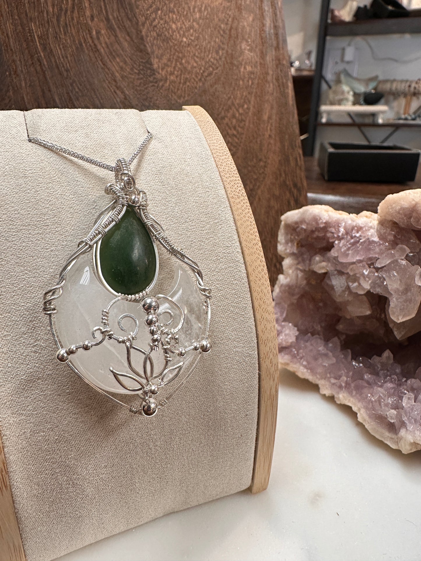 Clear quartz x jade wire wrapped pendant