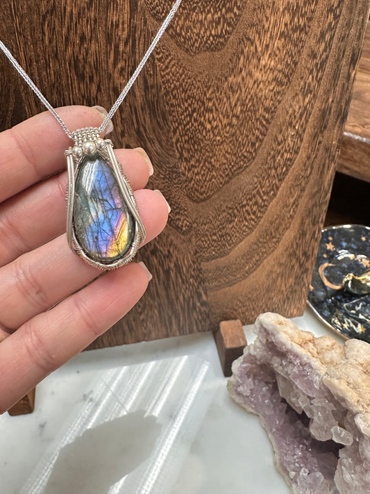 Rainbow Labradorite wire wrapped pendant