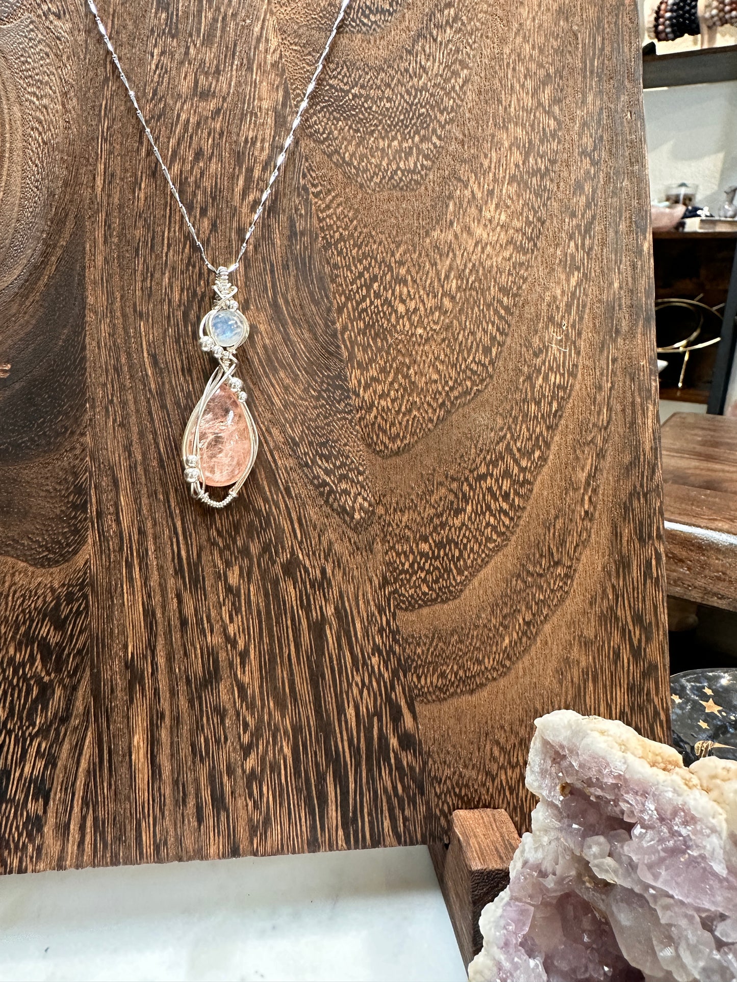 Rainbow Moonstone x Morganite wire wrapped pendant