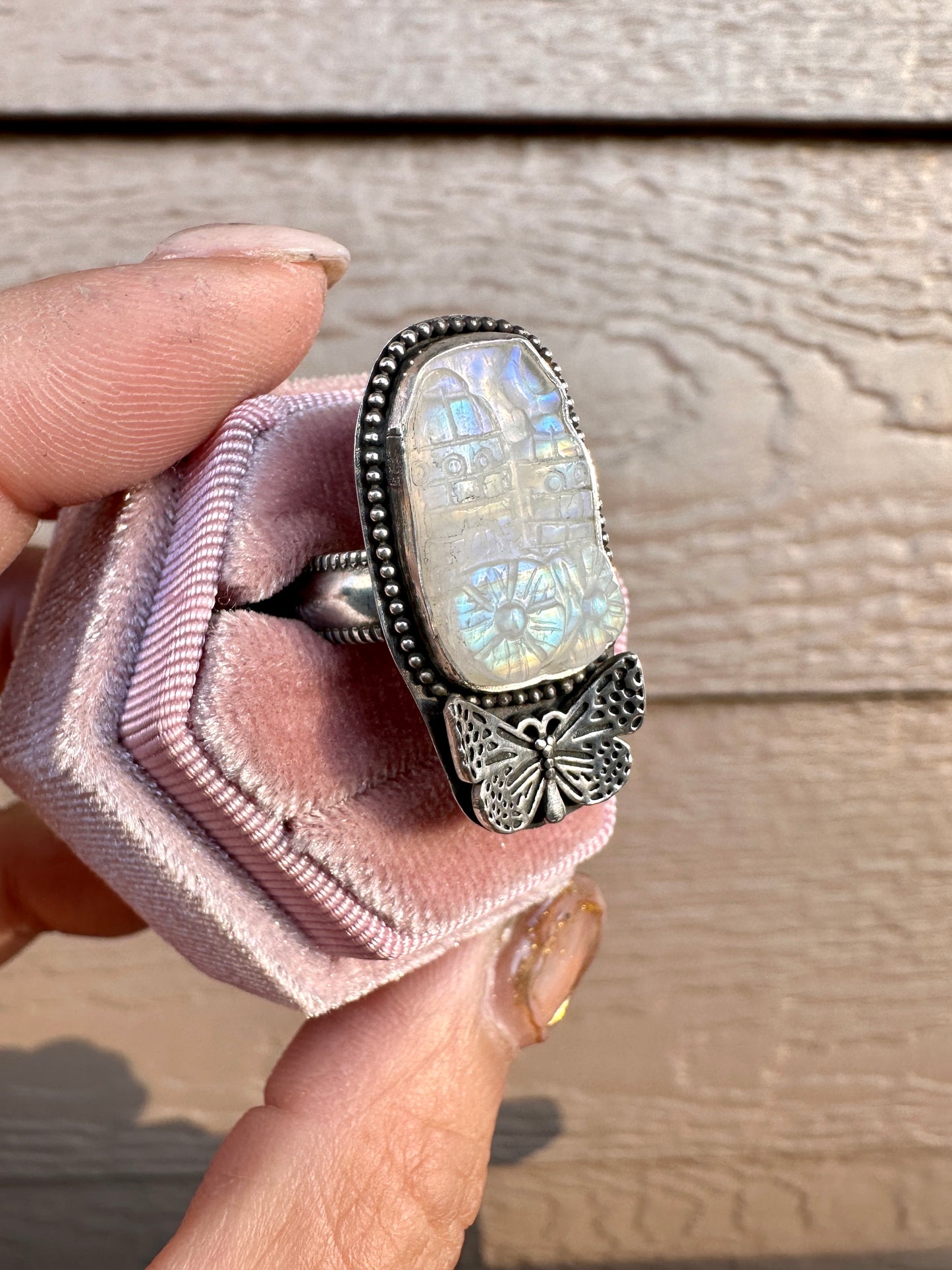 Rainbow Moonstone castle Ring (Size 7)