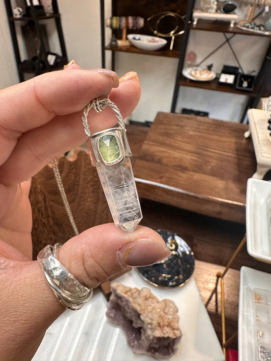 Angel feather quartz x peridot solder silver pendant