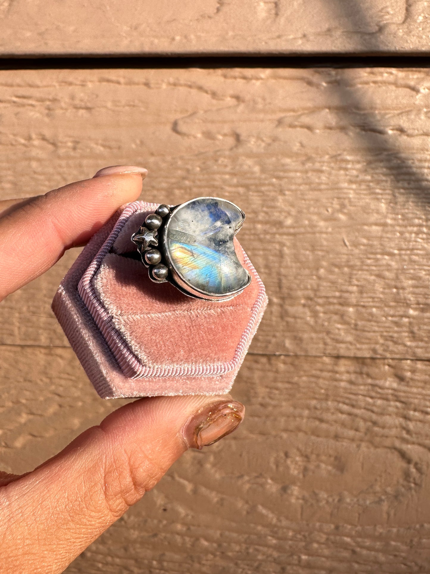 Rainbow Moonstone Moon Shape Ring (Size 9)