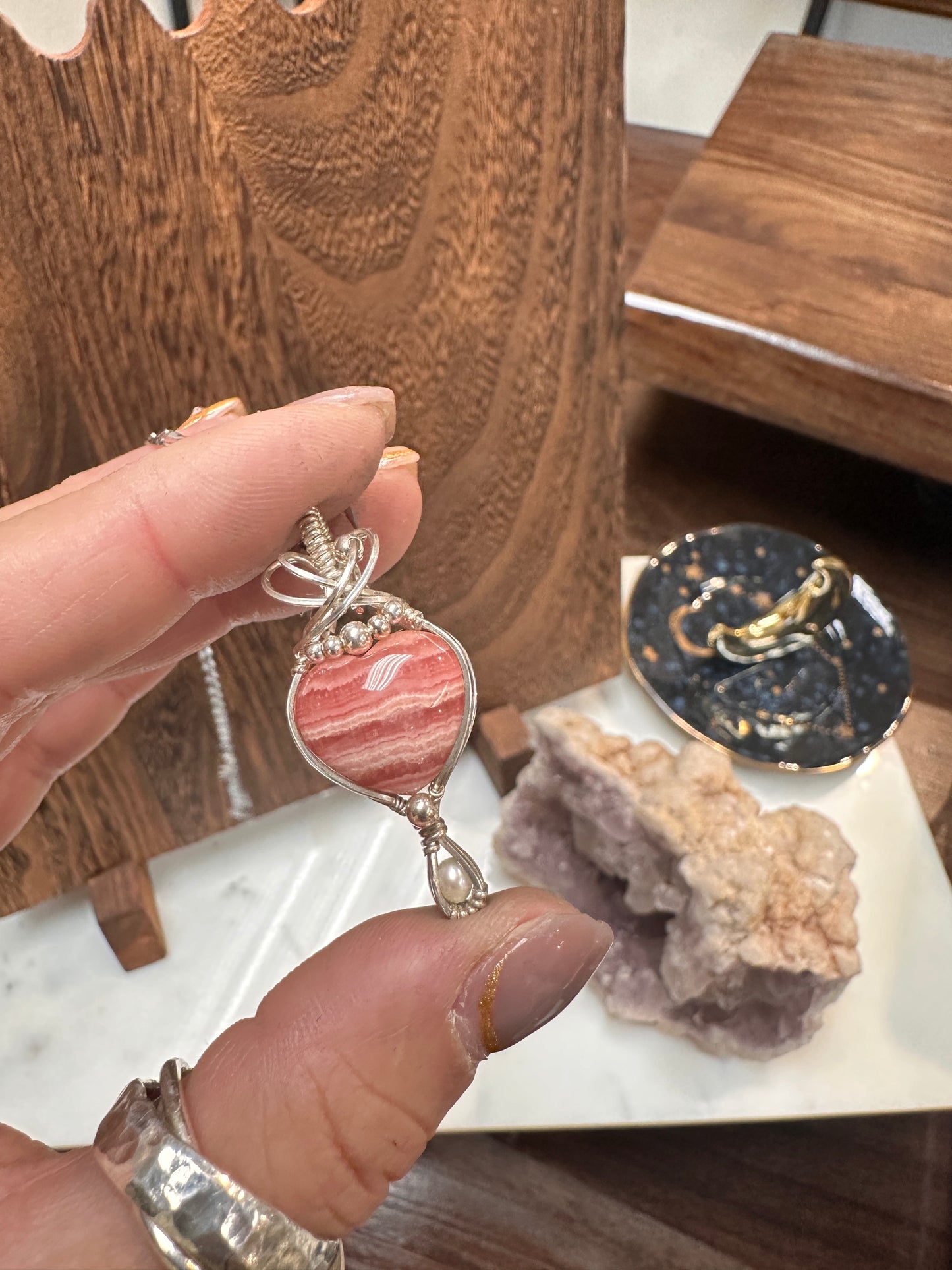 Rhodochrosite x pearl heart pendant