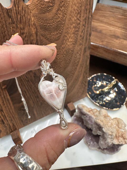 Pink Natrolite x pearl heart pendant