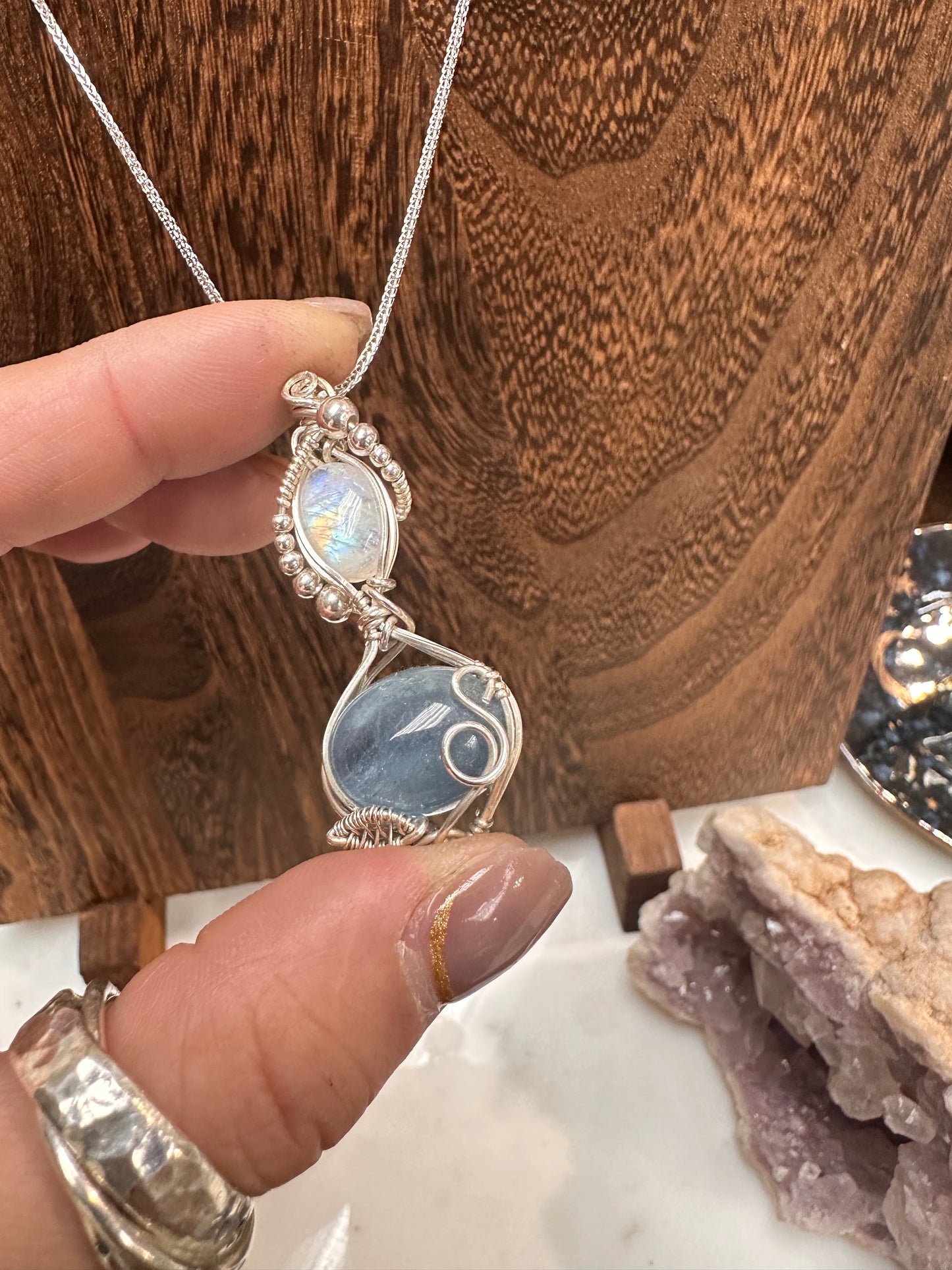 Rainbow Moonstone x Aquamarine wire wrapped pendant