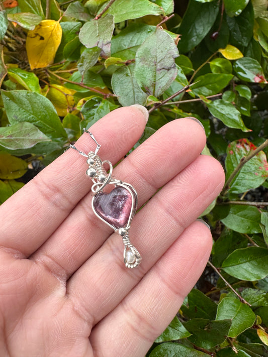Gummy lepidolite and pearl sterling sliver wrapped