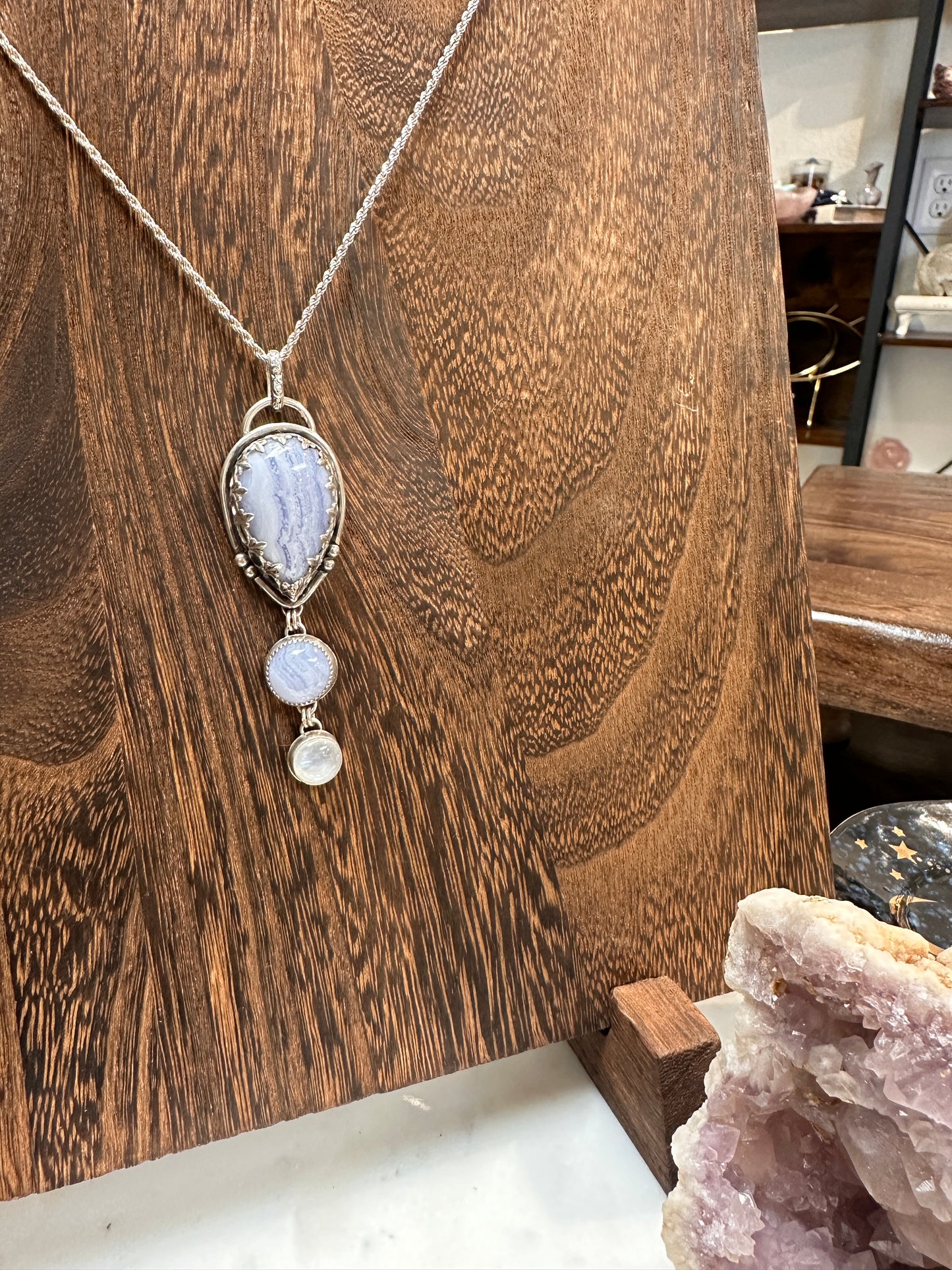 Blue Lace Agate x Moonstone solder silver pendant