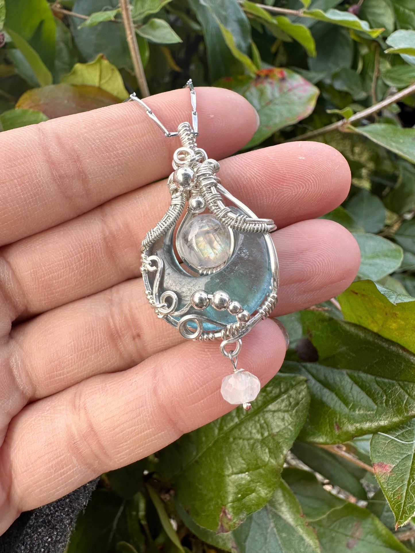 Aquamarine Crescent Moon x rainbow moonstone