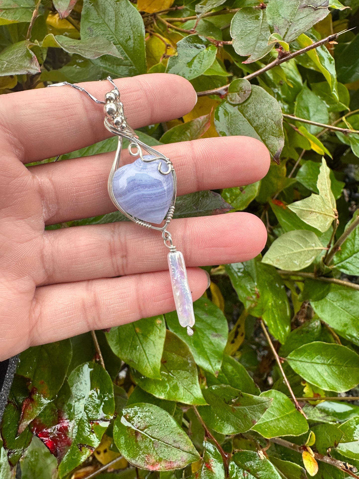 Blue lace agate with freshwater pearl