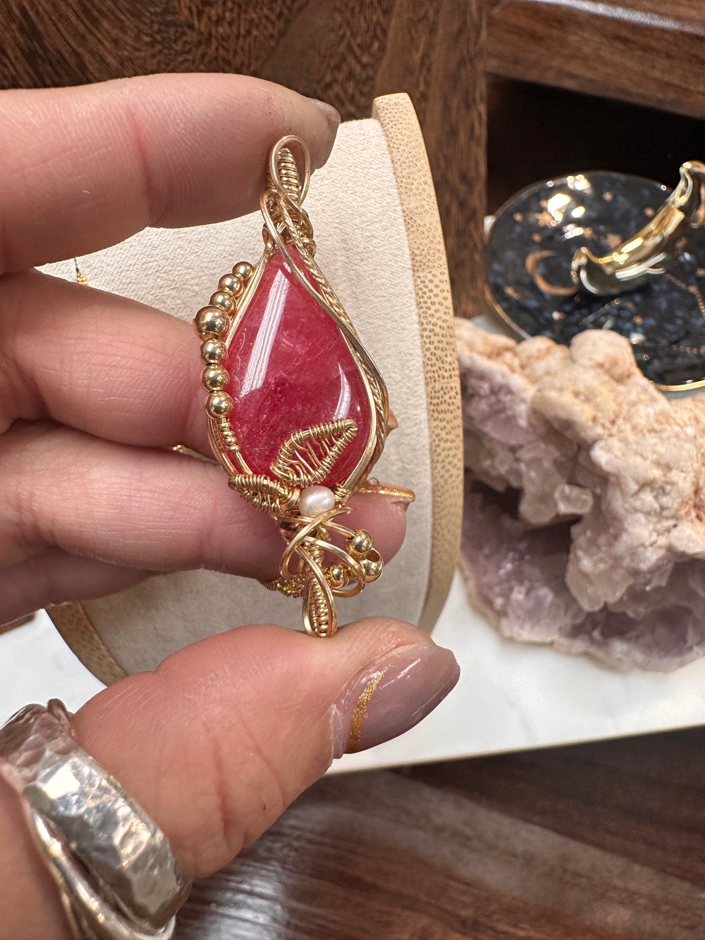 Gummy Rhodonite in 14k gold filled pendant