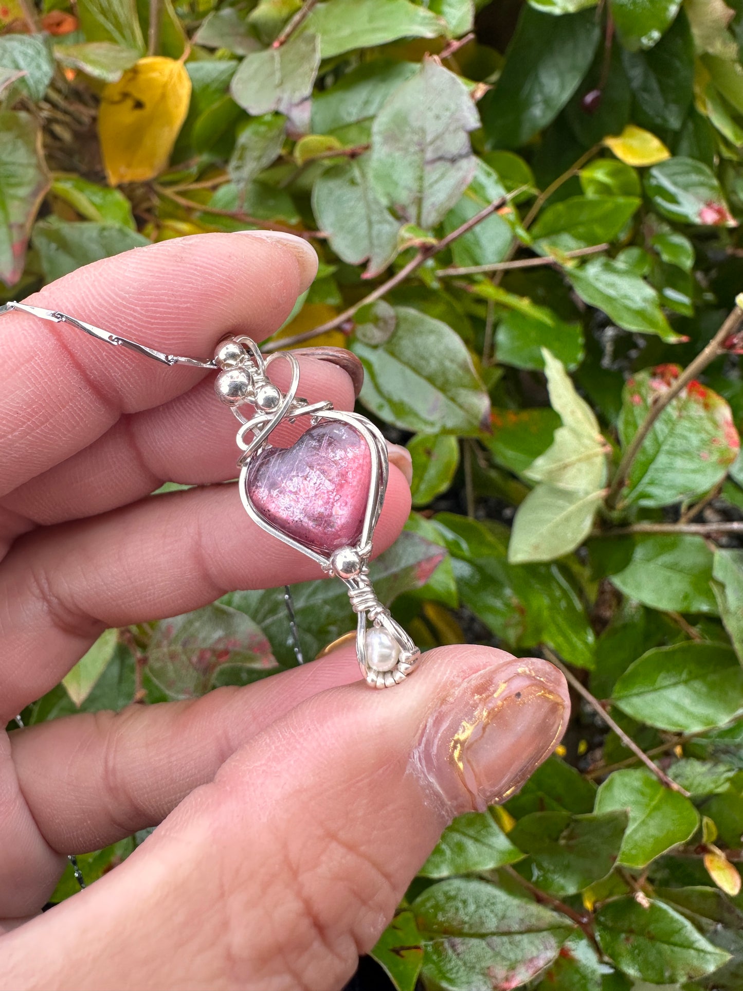 Gummy lepidolite and pearl sterling sliver wrapped