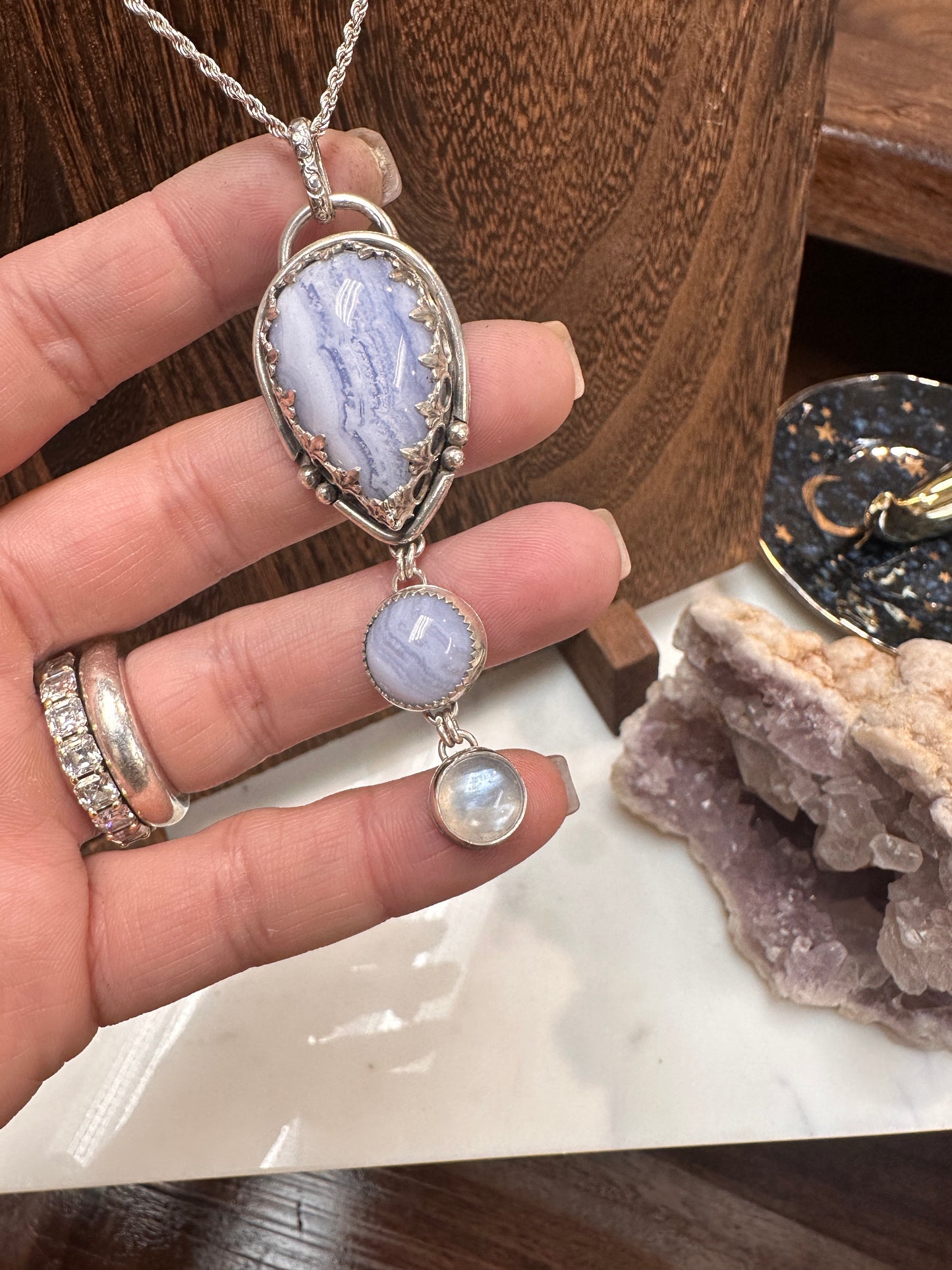 Blue Lace Agate x Moonstone solder silver pendant