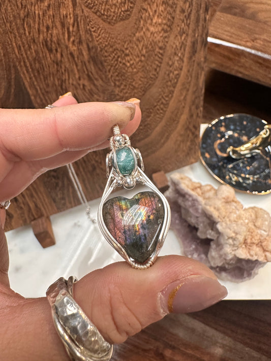 Rainbow Labradorite x Emerald wire wrapped pendant