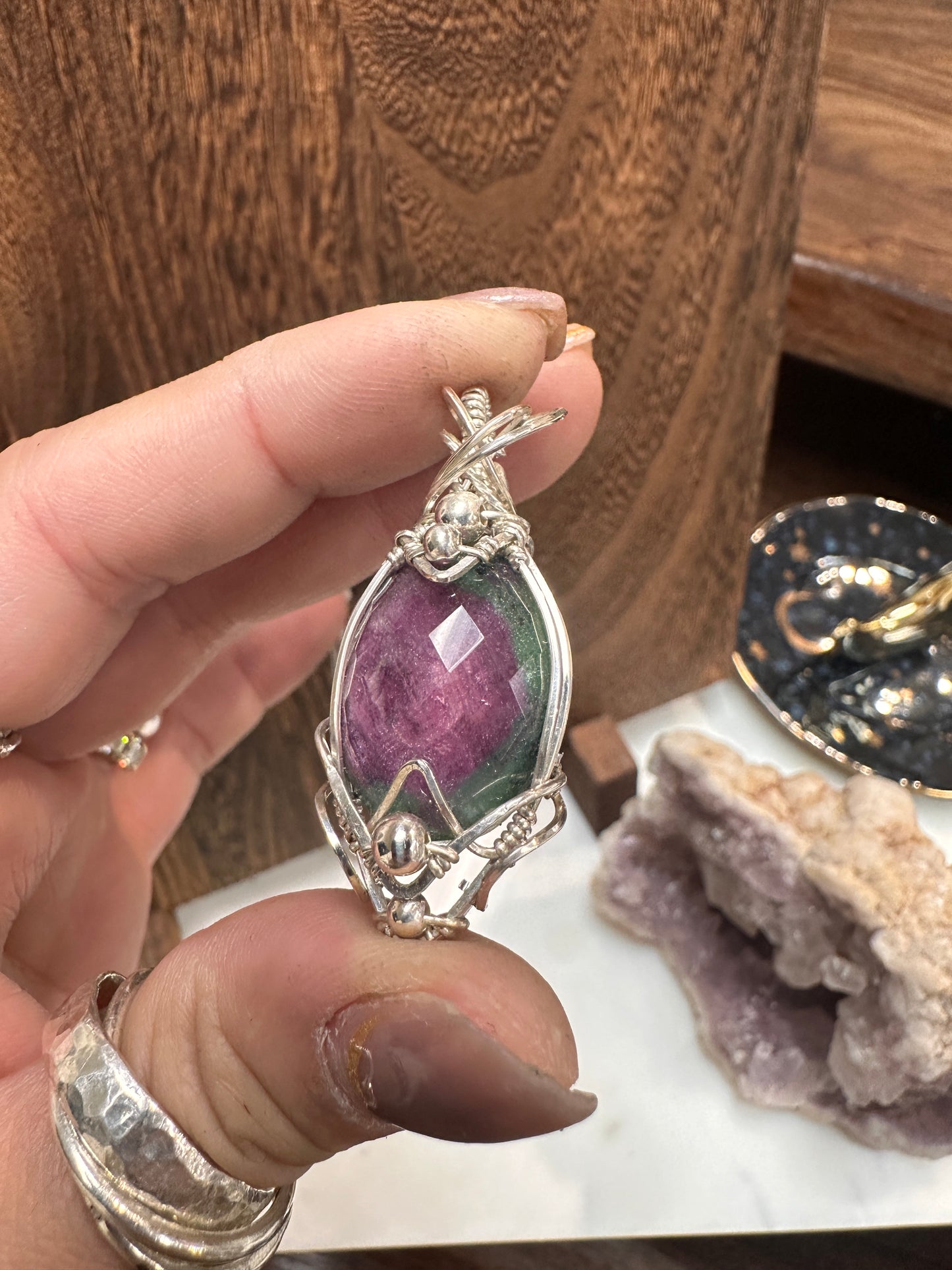 Ruby in zoisite wire wrapped pendant