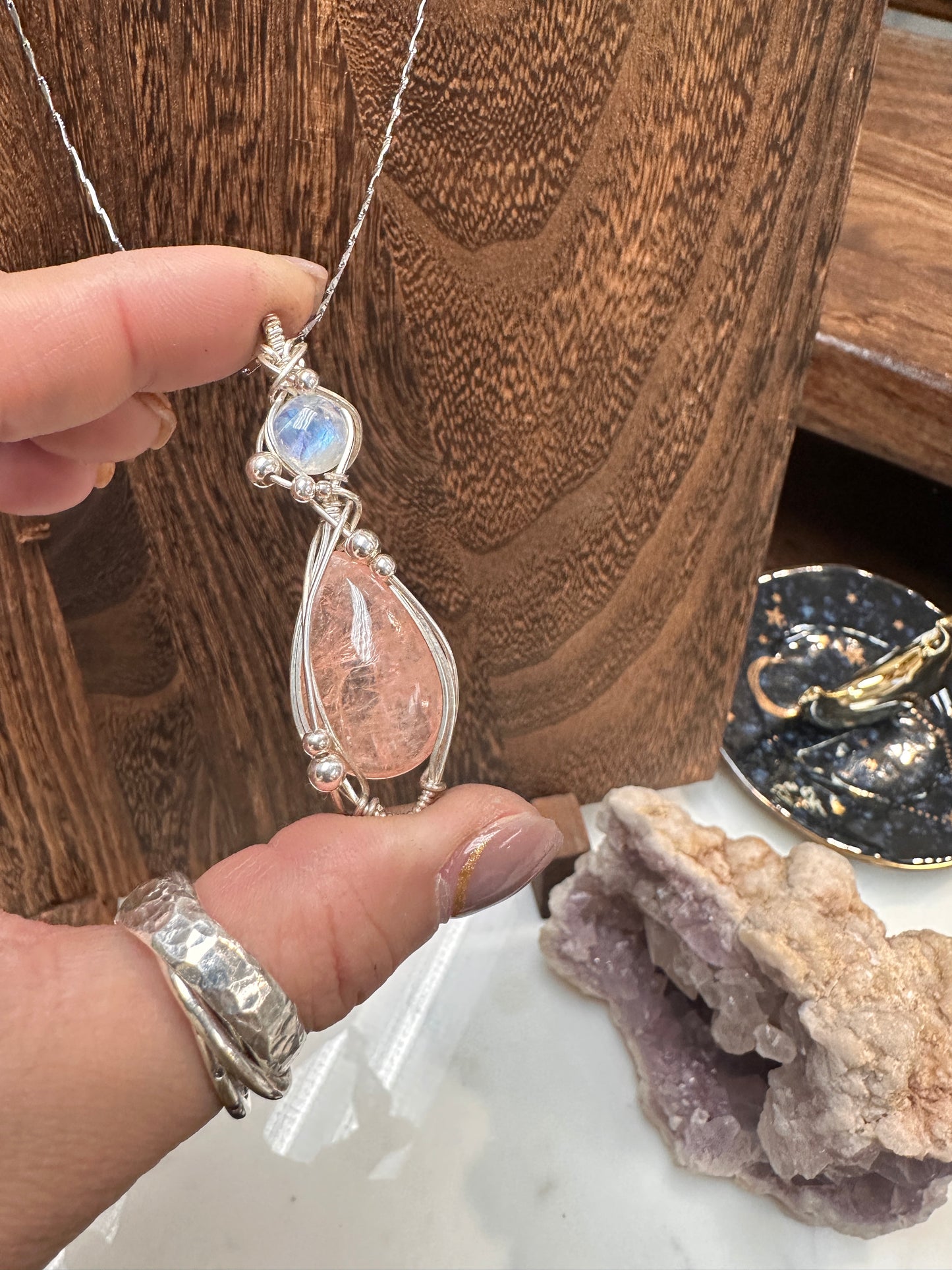 Rainbow Moonstone x Morganite wire wrapped pendant