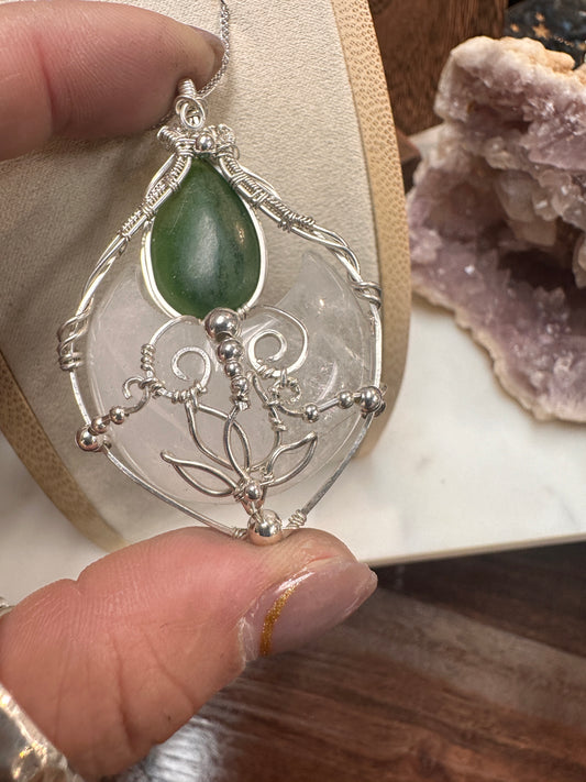 Clear quartz x jade wire wrapped pendant