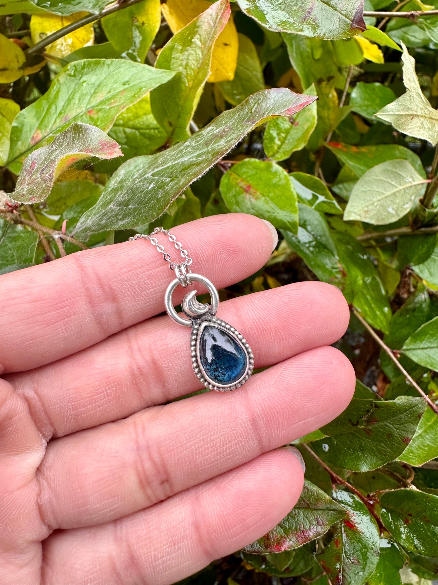 Tiny moss kyanite pendant