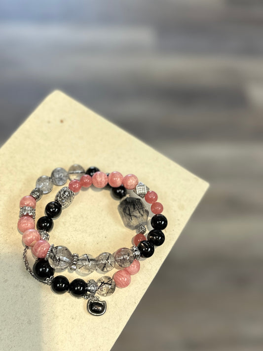 Double bracelet Rhodochrosite x black Tourmaline in Quartz x Hypersthene