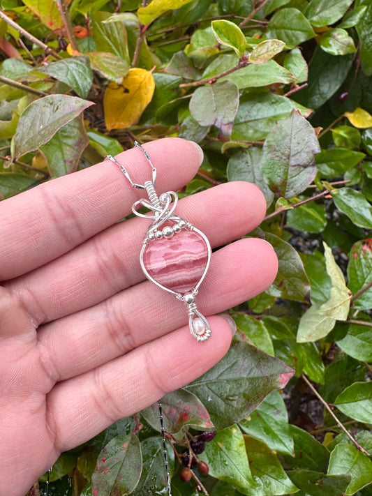 Rhodochrosite and pearl in Sterling sliver wrapped