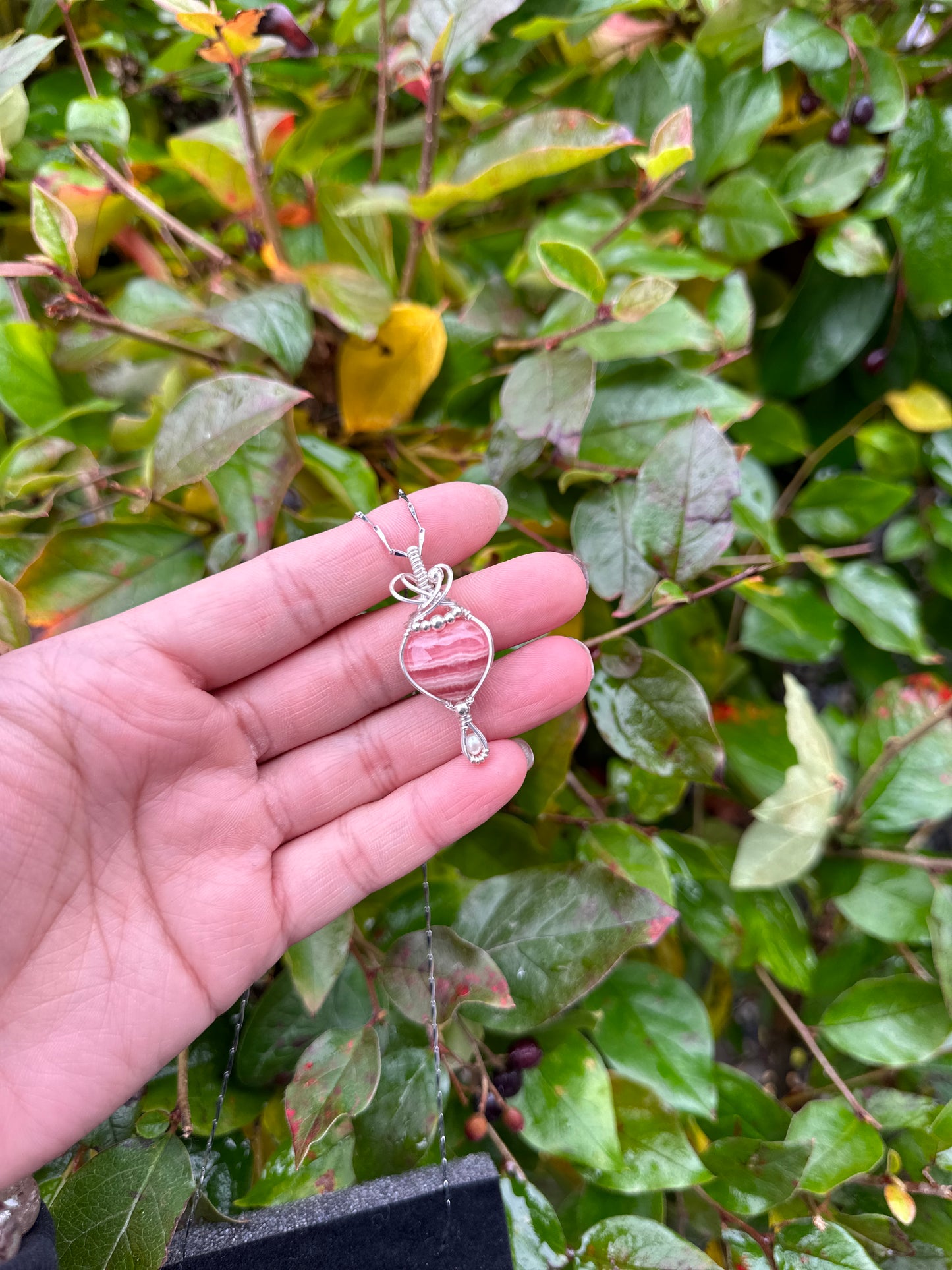 Rhodochrosite and pearl in Sterling sliver wrapped